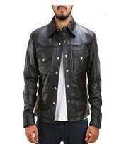 Men's Black Slim Fit Leather Jacket with Cargo Pockets