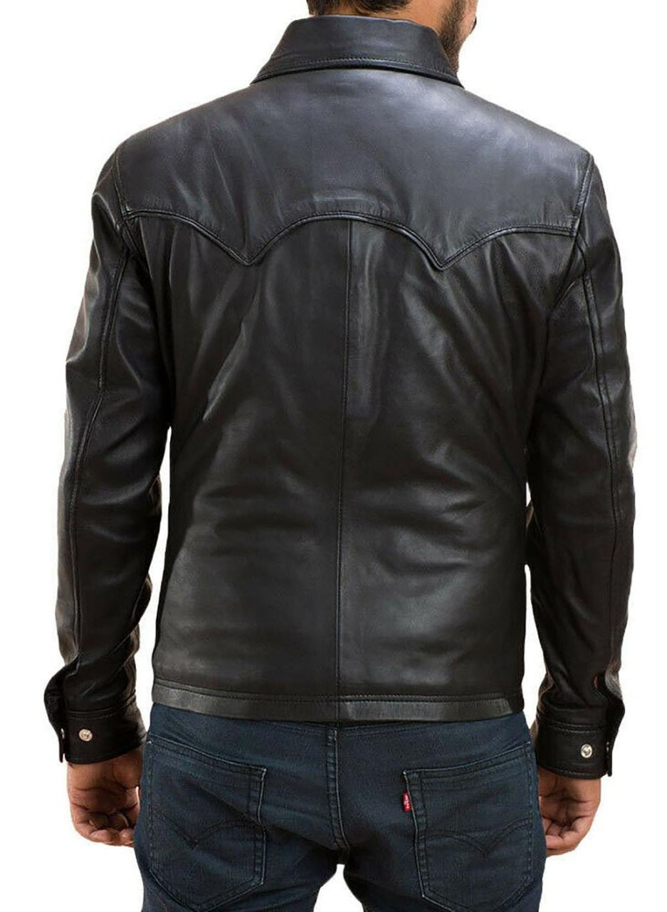 Men's Black Slim Fit Leather Jacket with Cargo Pockets - Image 2