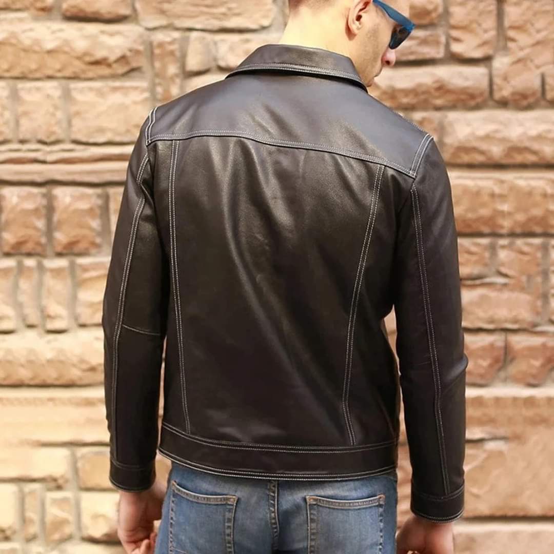 Men black leather white stitch biker jacket, Leather jacket for men