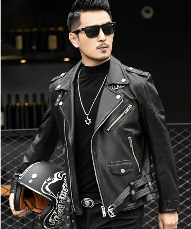 Handmade Men Black Multi Pocktes Biker Leather Jacket, Black Motorcycle Jacket