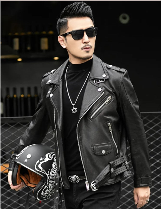 Handmade Men Black Multi Pocktes Biker Leather Jacket, Black Motorcycle Jacket