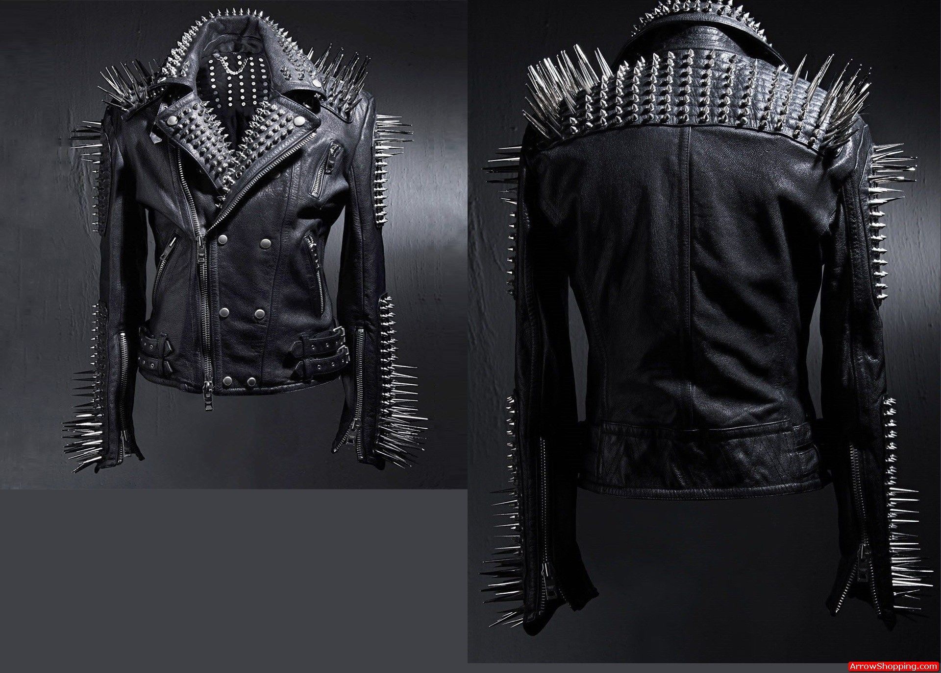 Punk Men Black Multi Studded With Long Spike Style Biker Jacket