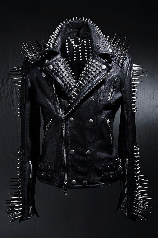 Punk Men Black Multi Studded With Long Spike Style Biker Jacket