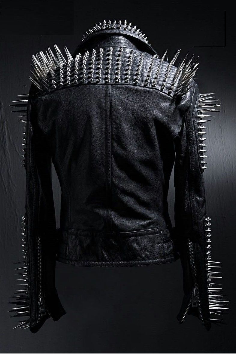 Punk Men Black Multi Studded With Long Spike Style Biker Jacket