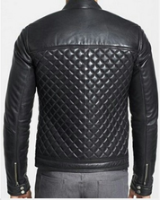 Men Black Quilted Leather Biker Jacket, Stand Up Collar Rider Jacket