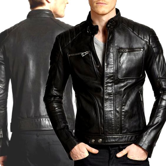 Handmade Men Slim Fit Black Sheep Leather Biker Jacket, Men Premium Leather Motorcycle Jacket