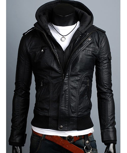 Men's Black Leather Hooded Jacket | Slim Fit Style
