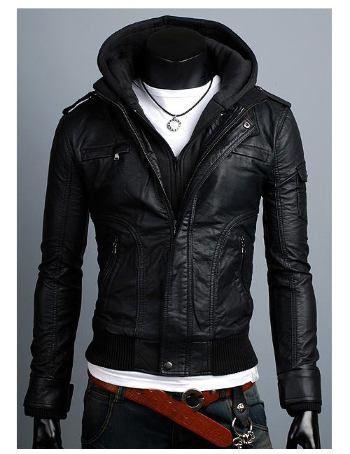 Men's Black Leather Hooded Jacket | Slim Fit Style