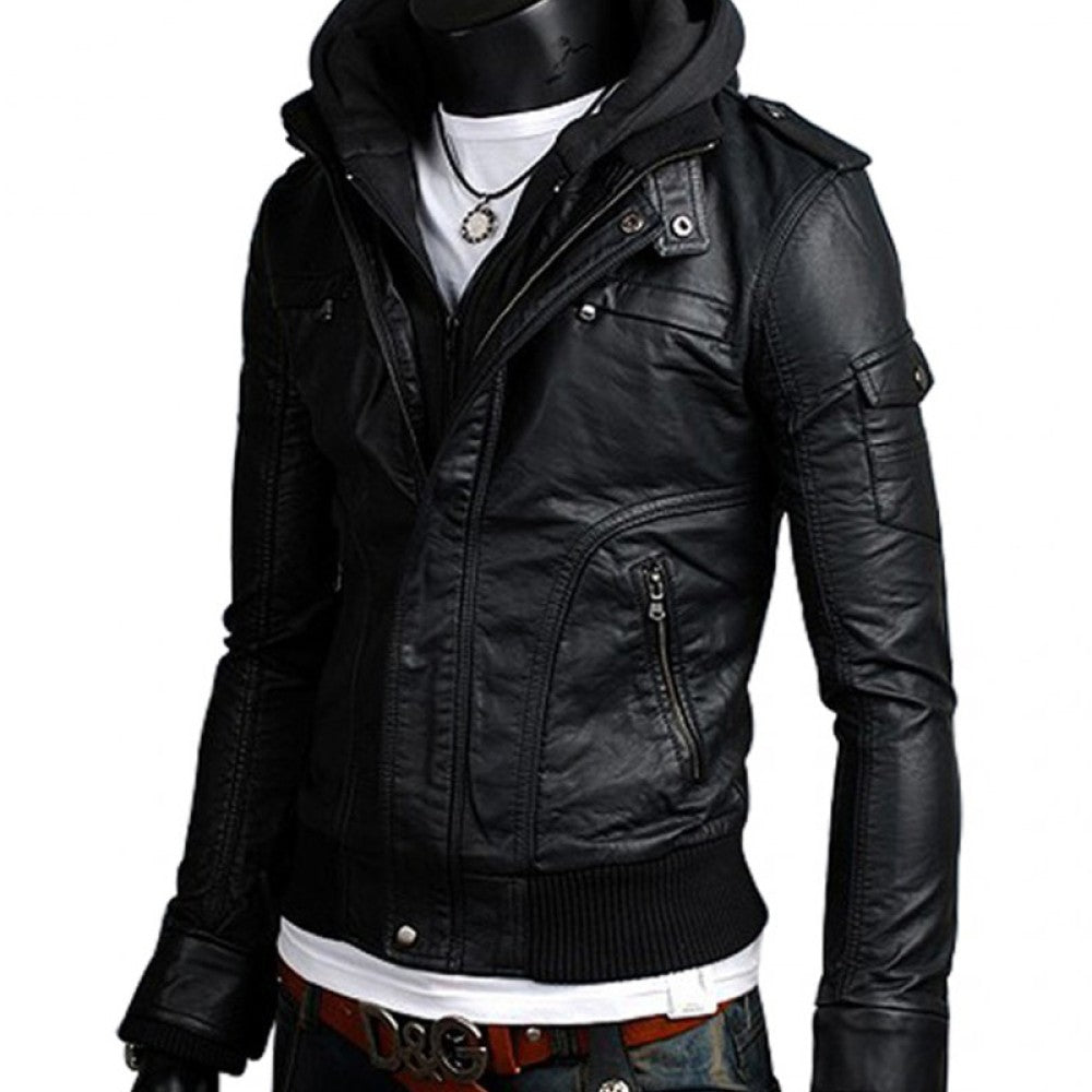 Men Black Slim Fit Fabric Hooded Jacket, Leather Hooded Jacket, Hoodies