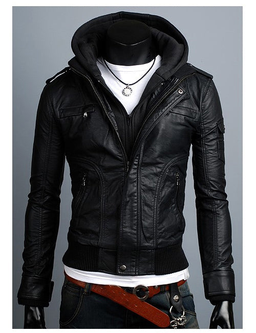 Men Black Slim Fit Fabric Hooded Jacket, Leather Hooded Jacket, Hoodies