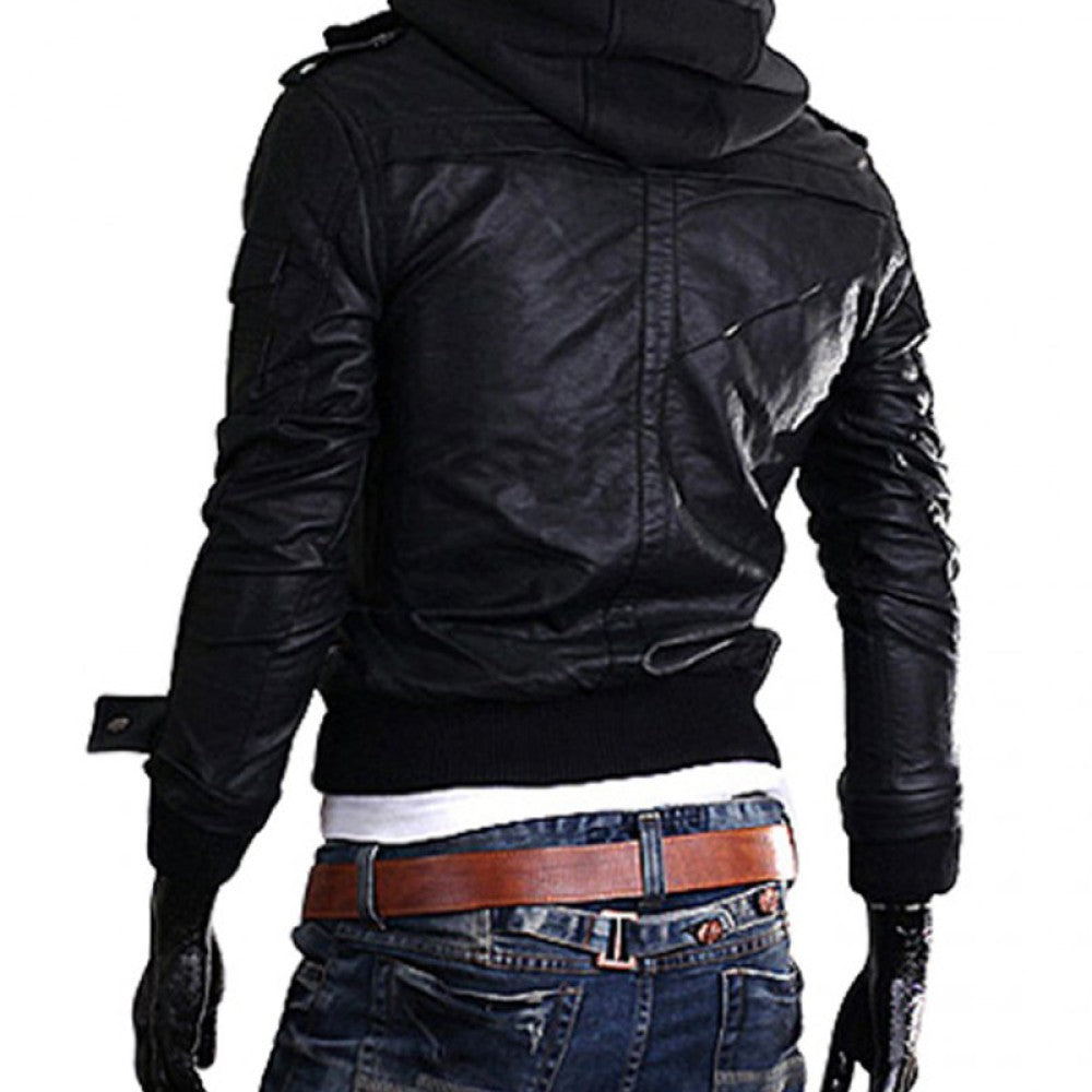 Men's Black Leather Hooded Jacket | Slim Fit Style - Image 3
