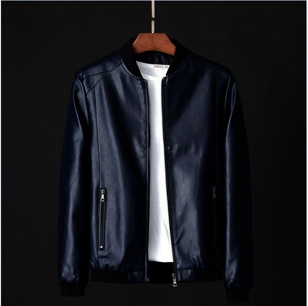 Men Blue Baseball Bomber Leather Jacket, Blue Leather Fashion Jacket