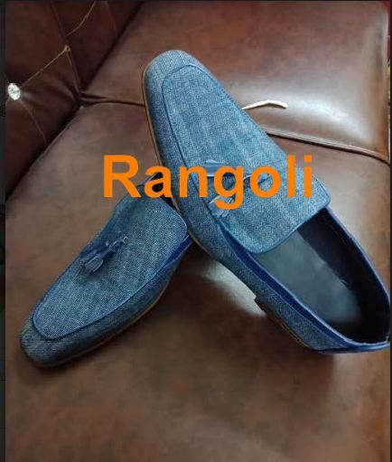 Men Blue Denim Jeans Leather Casual Shoes Loafer Slip Ons Moccasins