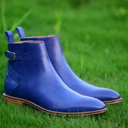 Men Blue Leather Casual Chelsea Boots, Jodhpurs Ankle High Boots