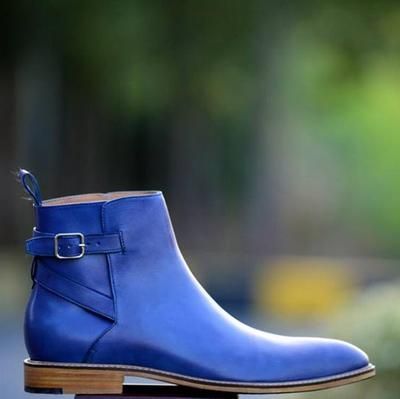 Men Blue Leather Casual Chelsea Boots, Jodhpurs Ankle High Boots