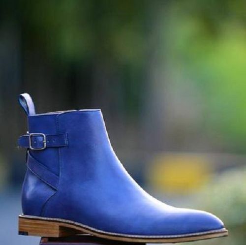 Men Blue Leather Casual Chelsea Boots, Jodhpurs Ankle High Boots