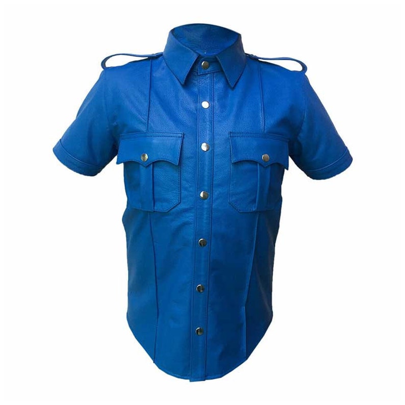 Men Blue Leather Shirt Jacket, Blue Police Style Shirt Jacket,Leather Shirt