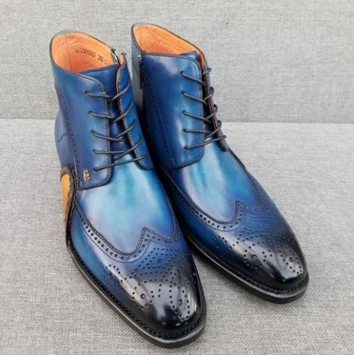 Men Blue Wing Tip Brogue Round Toe Lace Up High Ankle Dress Leather Boots