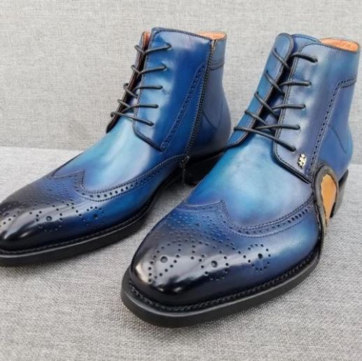 Men Blue Wing Tip Brogue Round Toe Lace Up High Ankle Dress Leather Boots