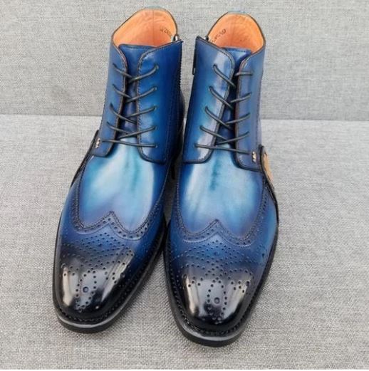 Men Blue Wing Tip Brogue Round Toe Lace Up High Ankle Dress Leather Boots