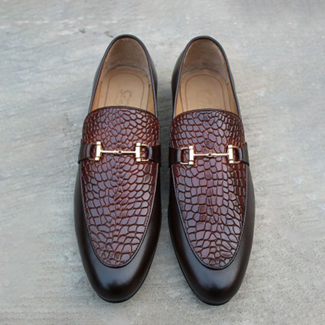 Men Brown Alligator Texture Leather Moccasin Shoes, Business Shoes for men