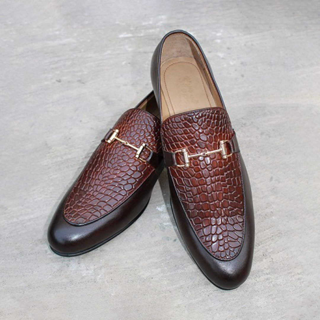 Men Brown Alligator Texture Leather Moccasin Shoes, Business Shoes for men