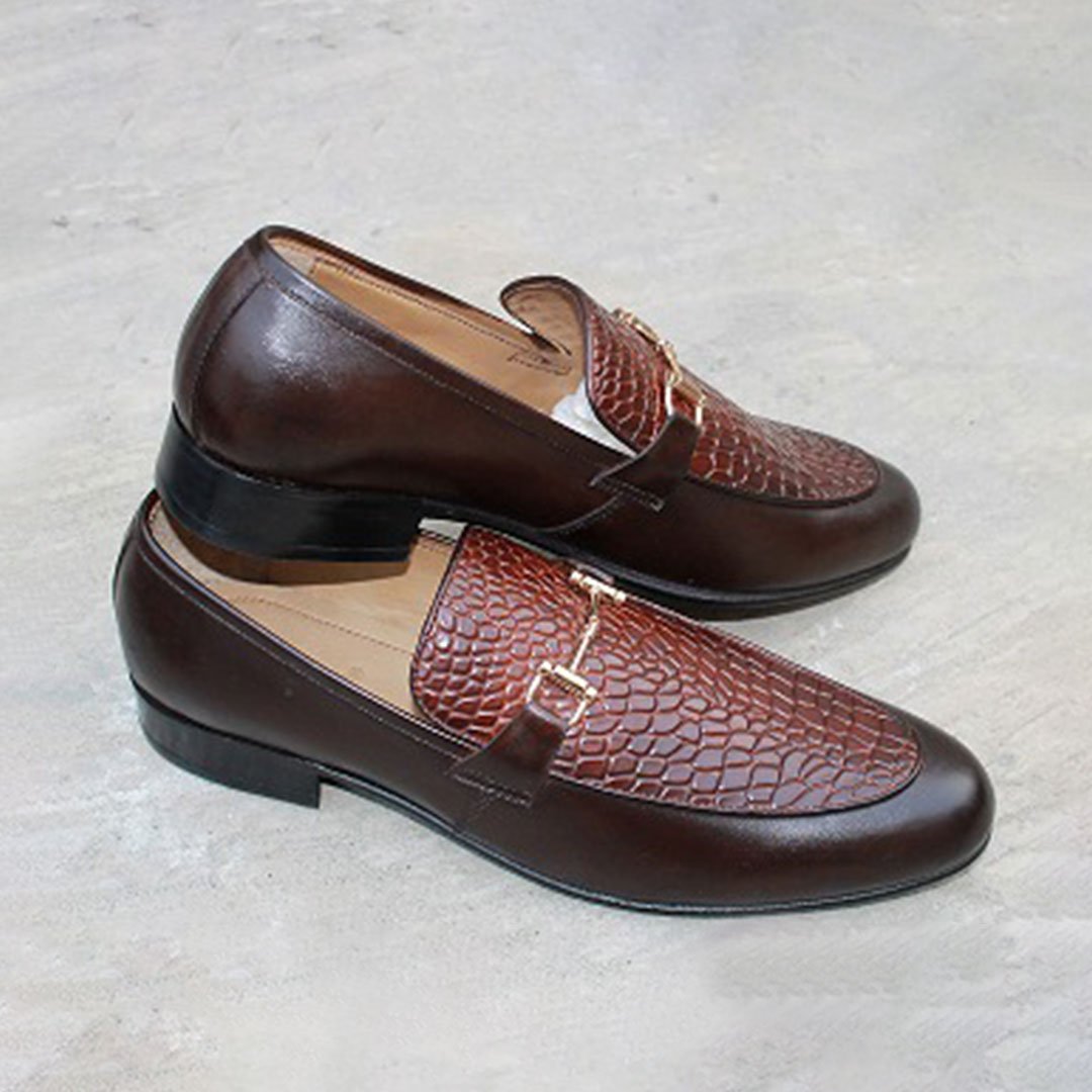 Men Brown Alligator Texture Leather Moccasin Shoes, Business Shoes for men