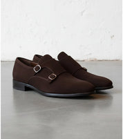 Men Brown Color Formal Double Monk Shoes, Classic Suede Dress Shoes - angle-view-showing-depth