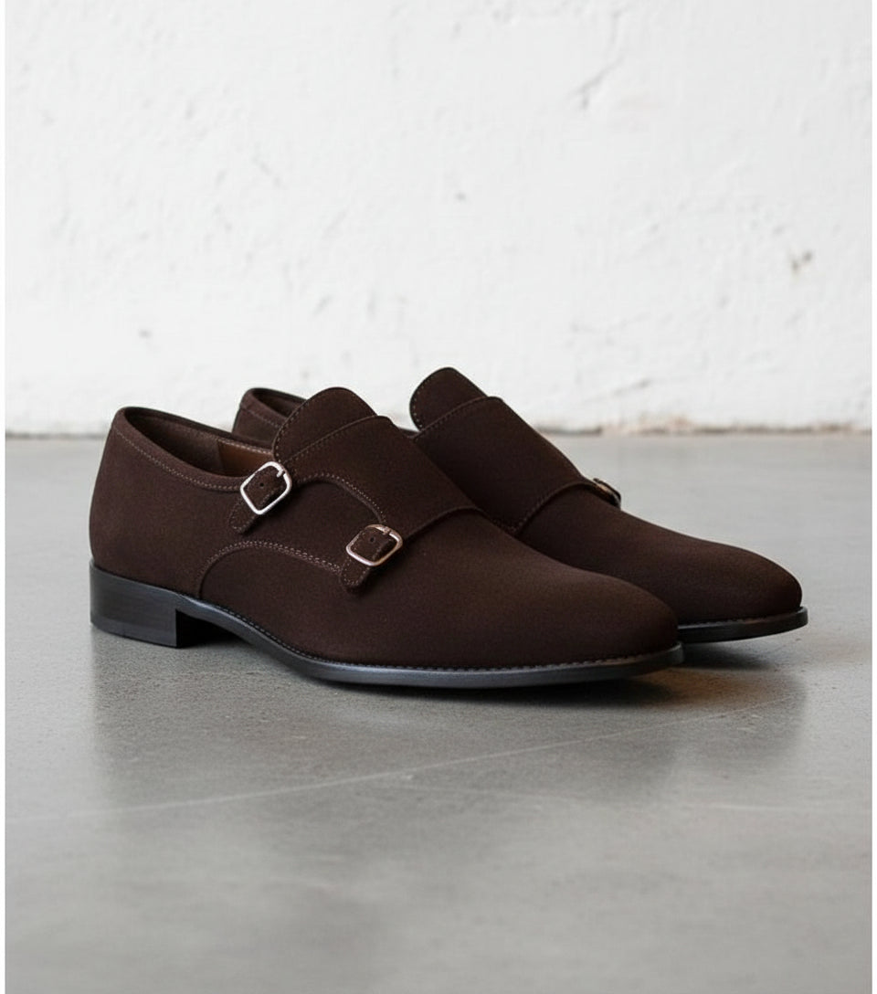 Men Brown Color Formal Double Monk Shoes, Classic Suede Dress Shoes - angle-view-showing-depth