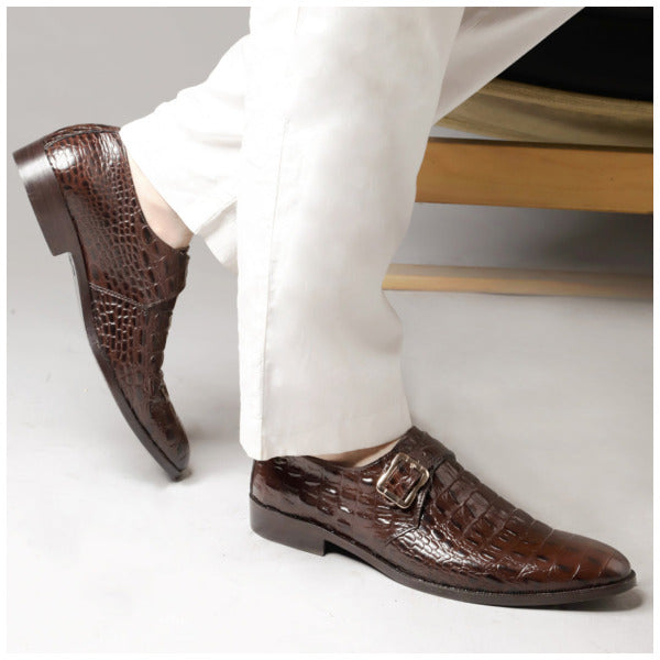 Men brown crocodile pattern Leather shoes, Men brown monk shoes