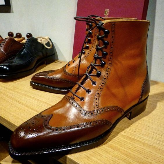 Men Brown Leather Wingtip Ankle Leather Boot Hand Burnish Leather Boots