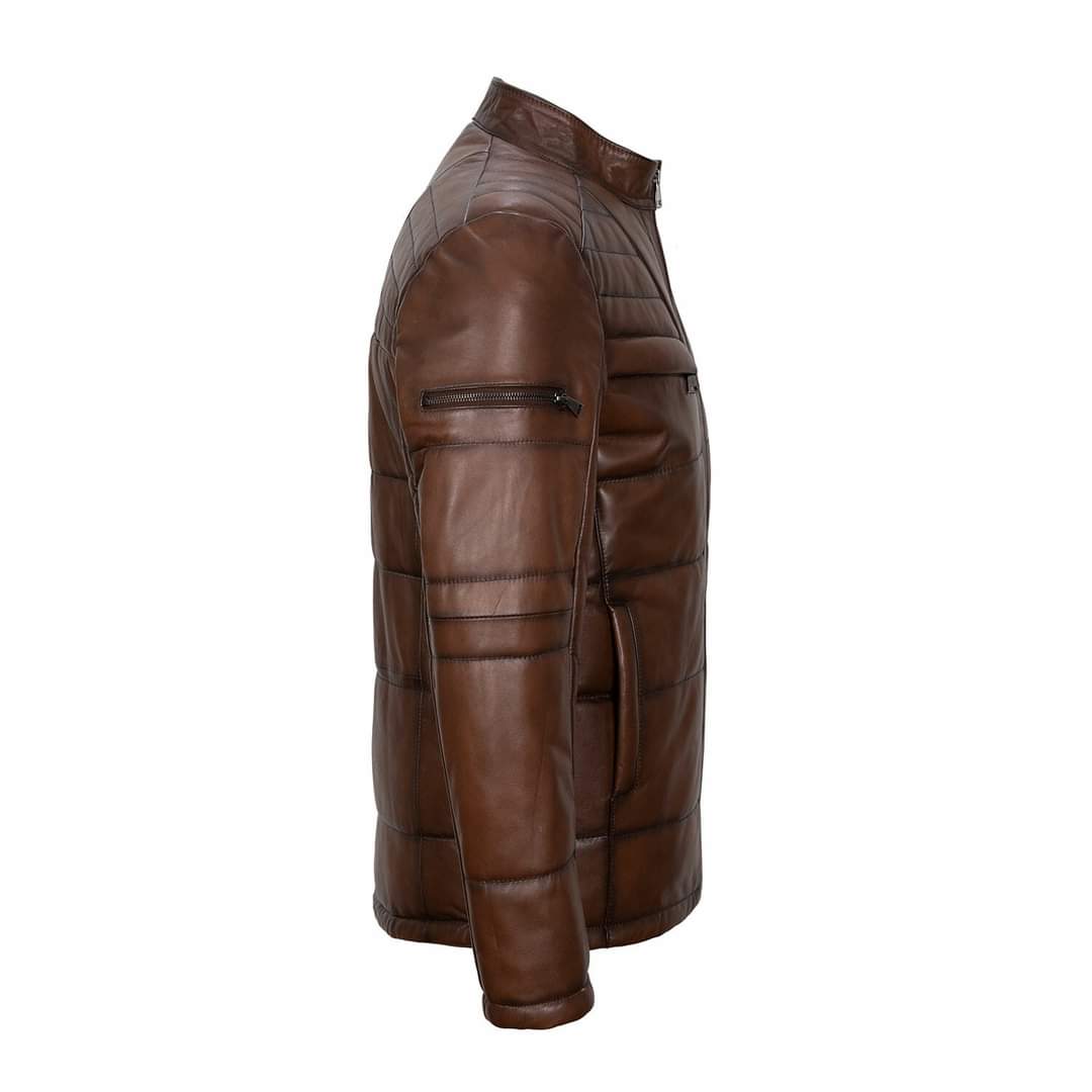 Handmade Men Brown Real Leather Quilted Jacket, Men Antique Brown Biker Jacket - Image 2