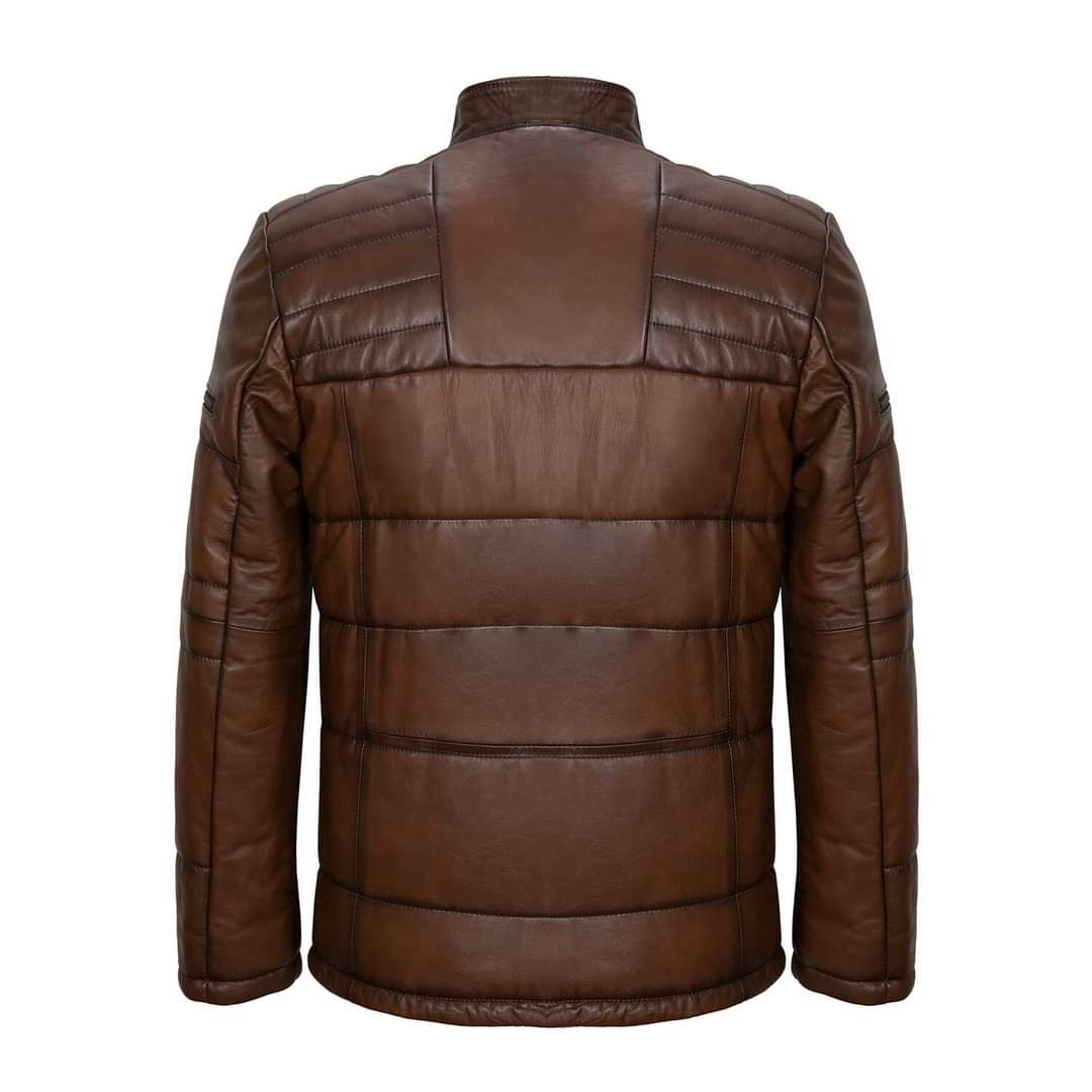 Handmade Men Brown Real Leather Quilted Jacket, Men Antique Brown Biker Jacket - Image 3