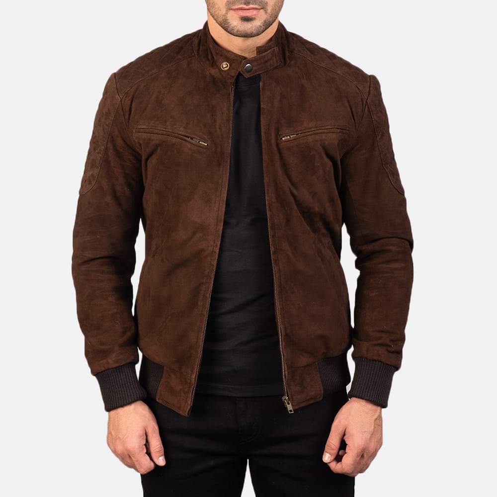 Handmade Men Brown Suede Slim Fit Jacket, Men Brown Suede Biker Jacket