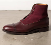 Men Cap Toe Two Tone Leather Ankle High Boots, Burgundy Ankle Boots - detail-view-showing-texture
