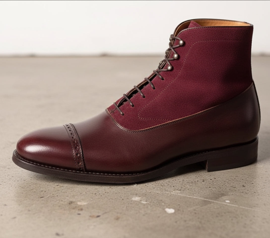 Men Cap Toe Two Tone Leather Ankle High Boots, Burgundy Ankle Boots - detail-view-showing-texture