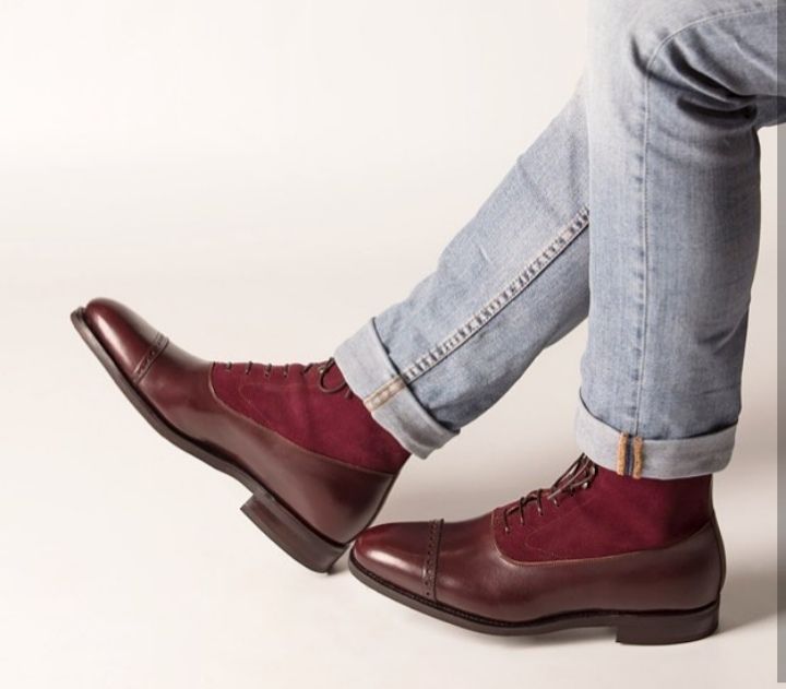 Men Cap Toe Two Tone Leather Ankle High Boots, Burgundy Ankle Boots