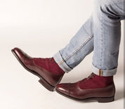 Men Cap Toe Two Tone Leather Ankle High Boots, Burgundy Ankle Boots