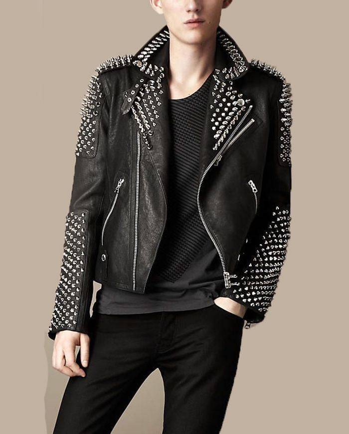 Men Casual Black Silver Studded Rocker Punk Style Biker Leather Jacket