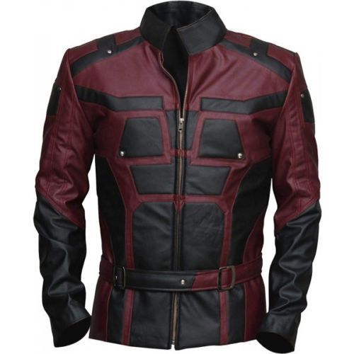 Daredevil Costume Leather Jacket in Maroon and Black Contrast