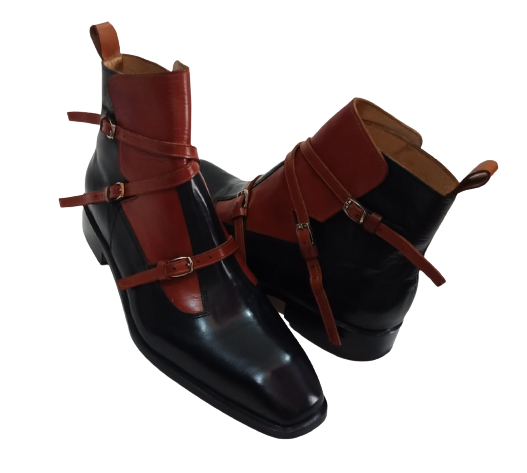 Men Fashion Triple Monk Strap Style Ankle High Boots, Mens Two Tone Boots