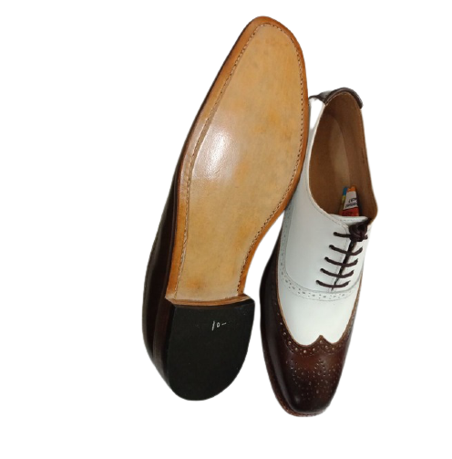 Men Formal Leather Two Tone Shoes, Brown And White Wingtip Spectator Shoes