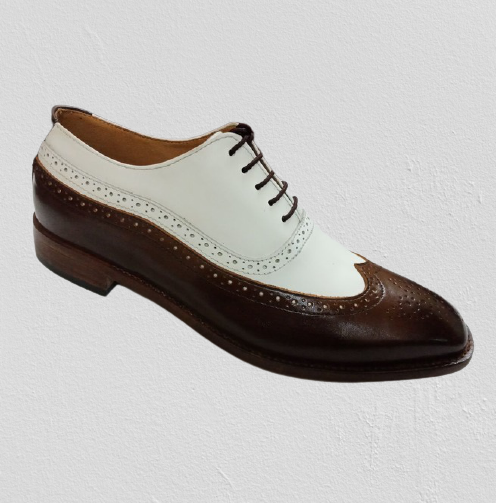 Men Formal Leather Two Tone Shoes, Brown And White Wingtip Spectator Shoes