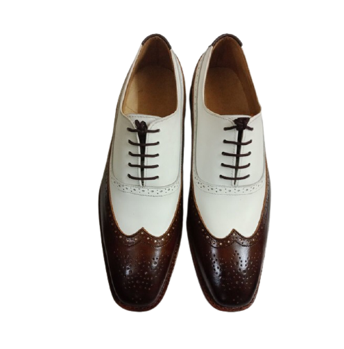 Men Formal Leather Two Tone Shoes, Brown And White Wingtip Spectator Shoes