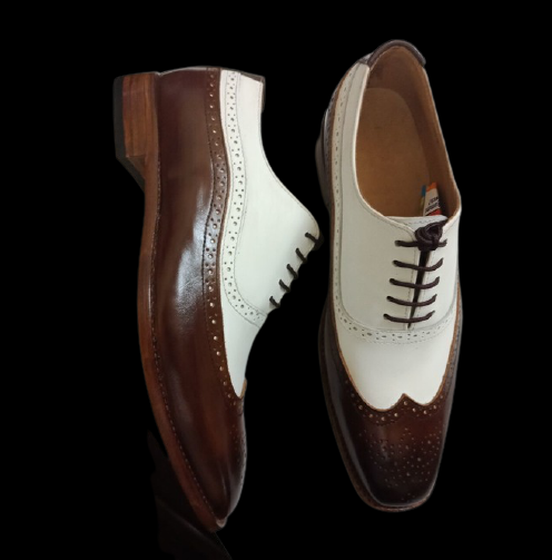 Men Formal Leather Two Tone Shoes, Brown And White Wingtip Spectator Shoes