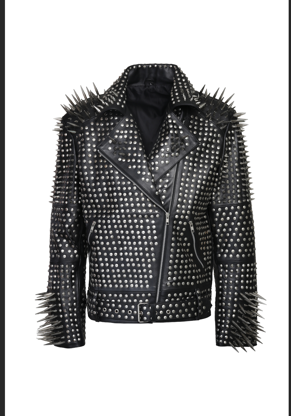 Handmade Men Full Black Punk Silver Long Spiked Studded Leather Brando Biker Jacket