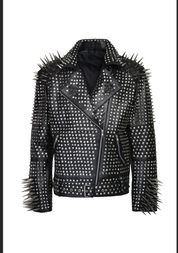 Handmade Men Full Black Punk Silver Long Spiked Studded Leather Brando Biker Jacket