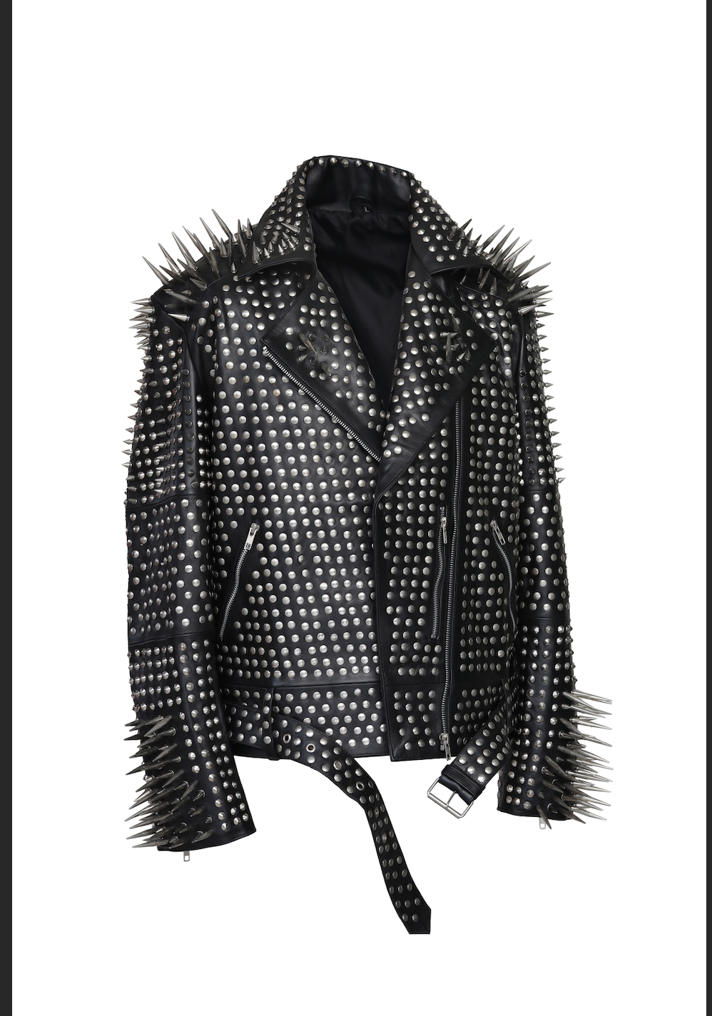 Handmade Men Full Black Punk Silver Long Spiked Studded Leather Brando Biker Jacket - Image 3