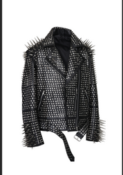 Handmade Men Full Black Punk Silver Long Spiked Studded Leather Brando Biker Jacket - Image 3