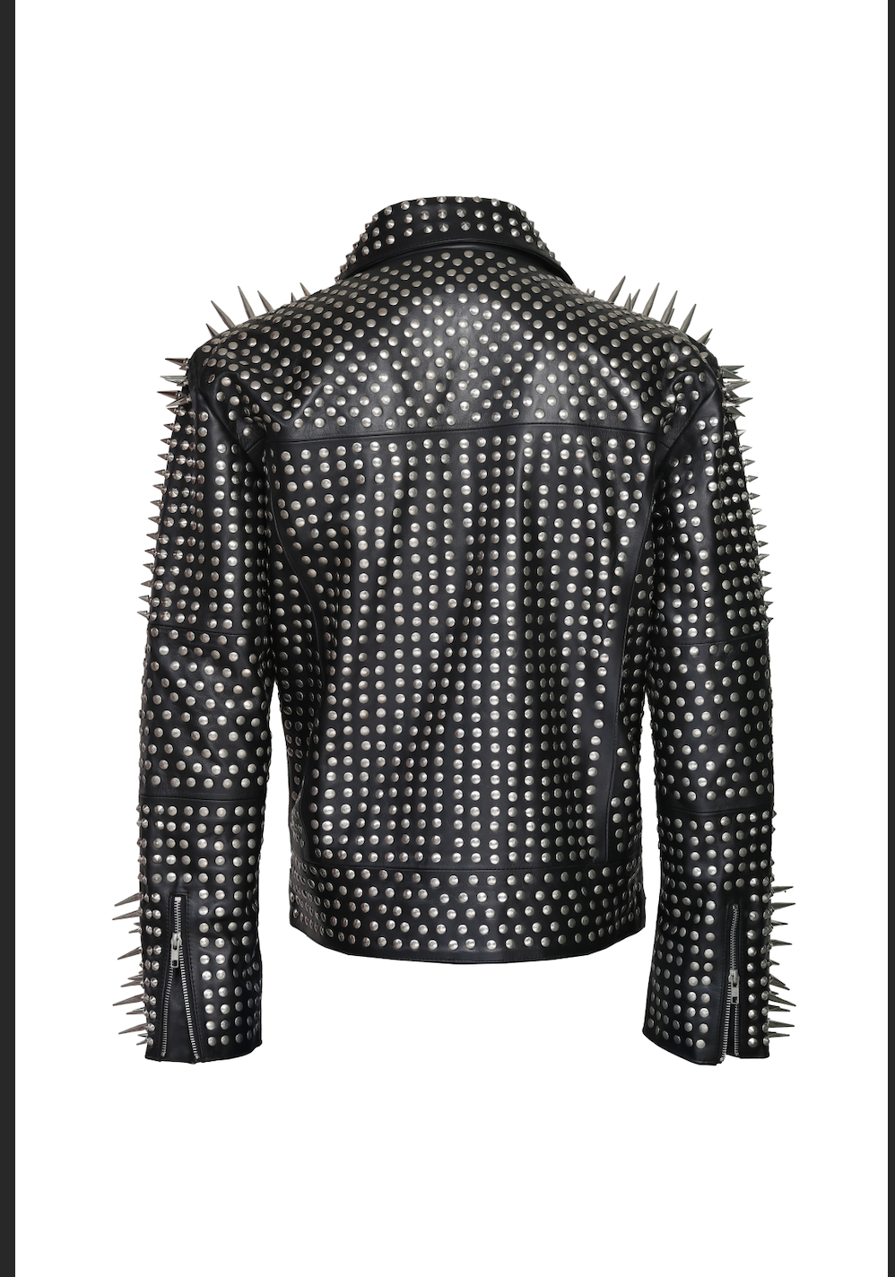 Handmade Men Full Black Punk Silver Long Spiked Studded Leather Brando Biker Jacket - Image 4